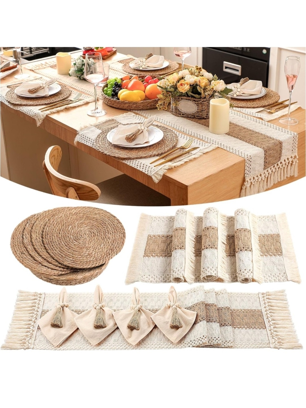 Boho Woven Cotton Table Runner and Placemat Set - Natural Beige